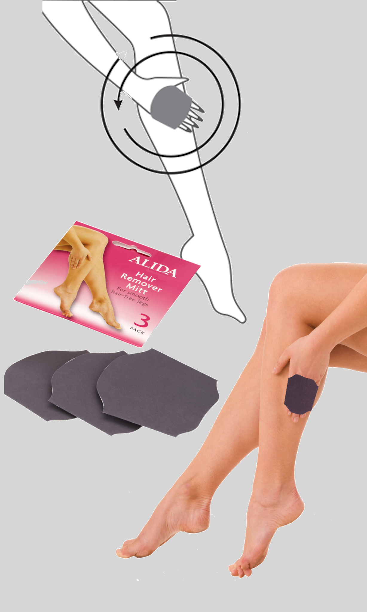 Alida Hair removal product with packaging and application on legs on a gray background
