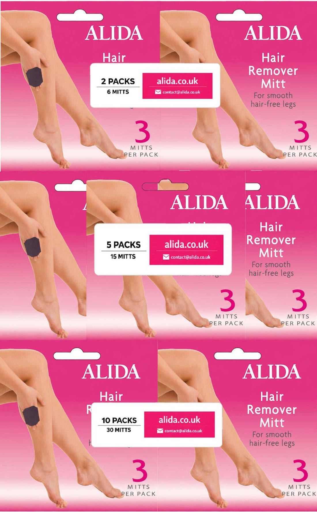 ALIDA Hair Remover Mitt multi-pack options — 1-pack, 2-pack, 5-pack and 10-pack bundles for smooth legs