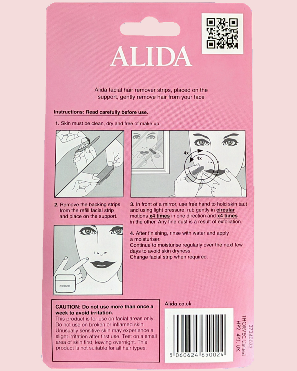 Pink packaging of Alida facial hair remover strips with usage instructions and QR code.