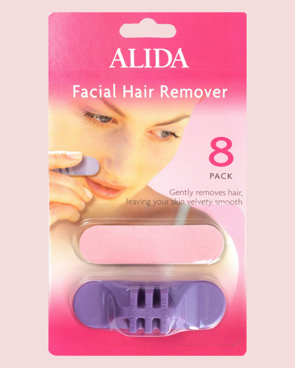 Alida Facial Hair Remover packaging with a woman using the product on a pink background