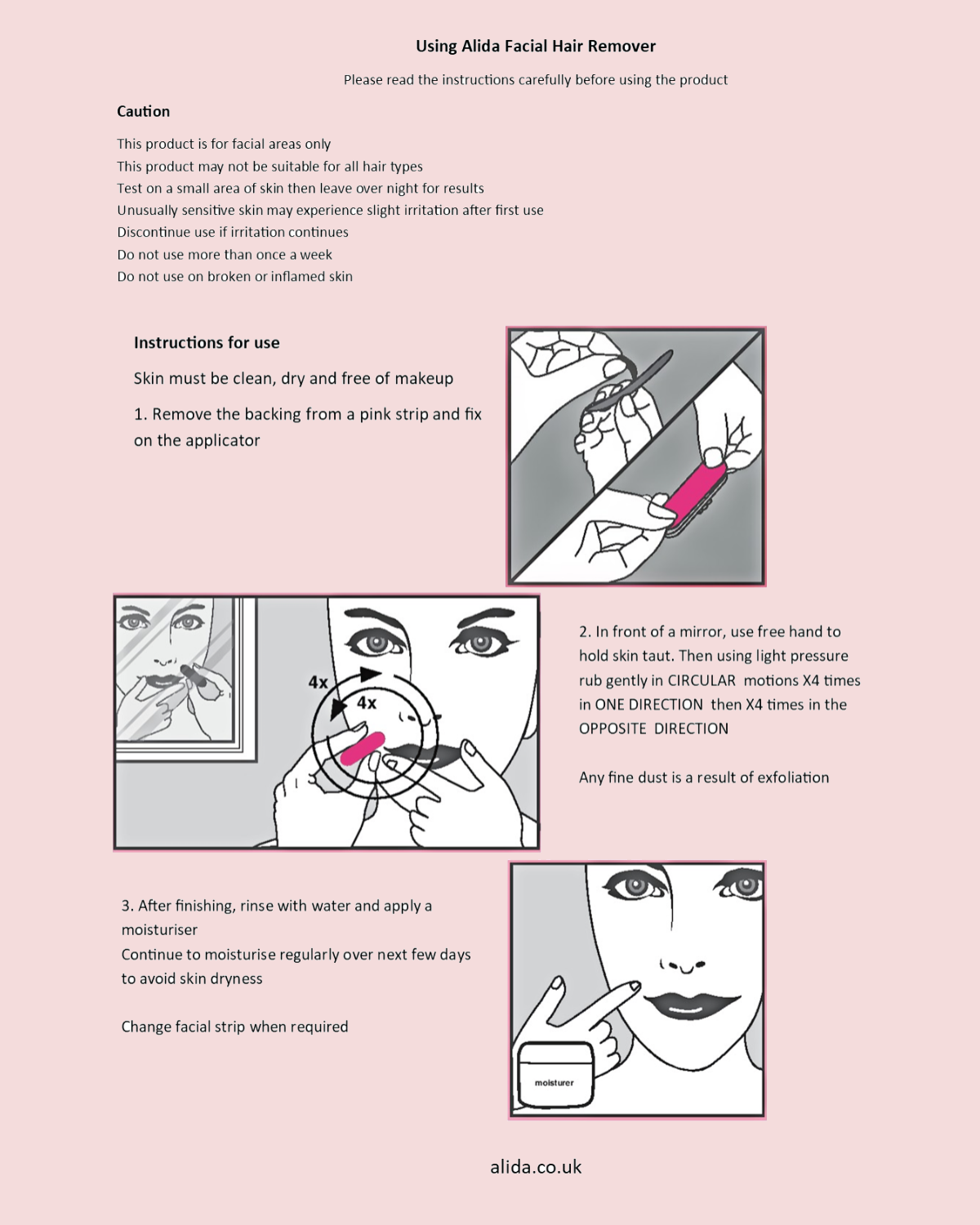Instructions for using a facial hair remover with illustrations and text on a pink background.