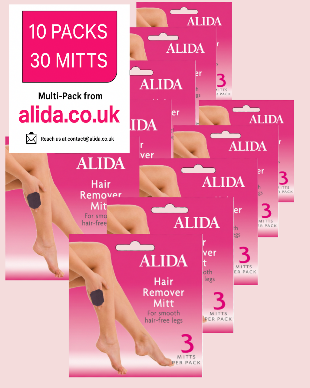 Multiple packages of Alida hair remover mitts on a pink background