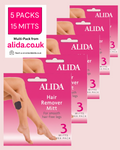 Multiple packages of Alida hair remover mitts on a pink background