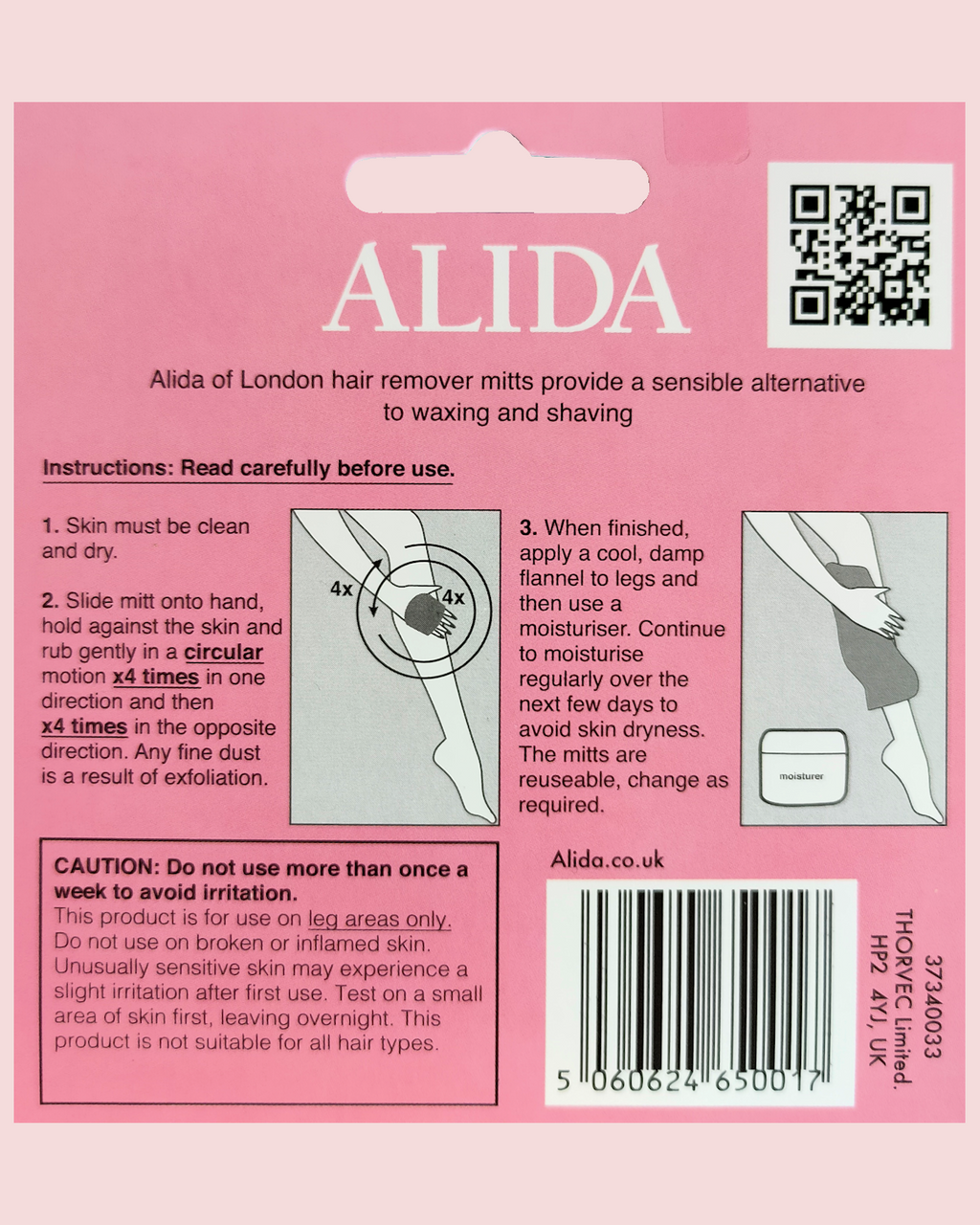 Pink packaging of ALIDA hair remover mitts with instructions and branding details.