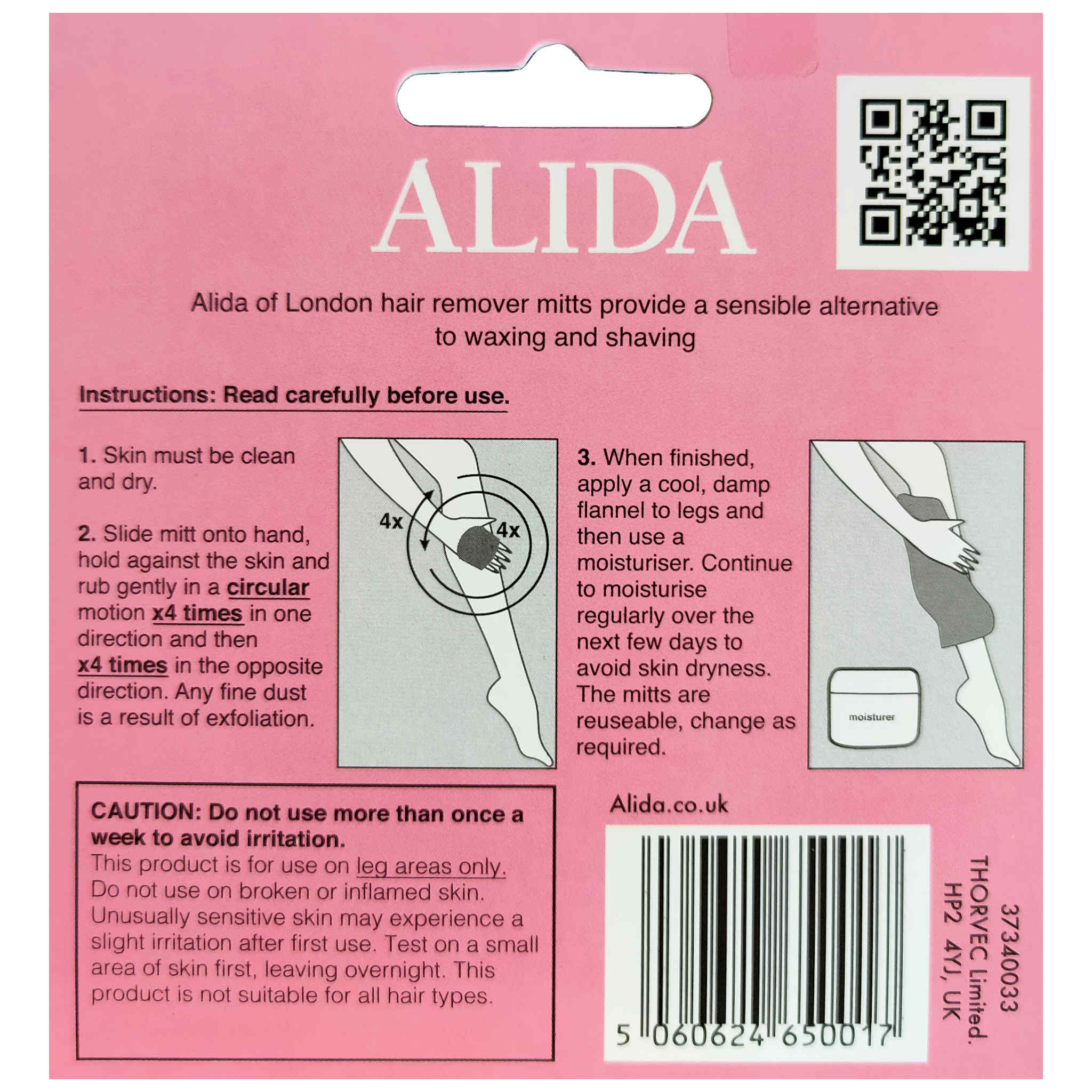ALIDA Hair Remover Mitt for Legs – back of pack showing instructions and product details
