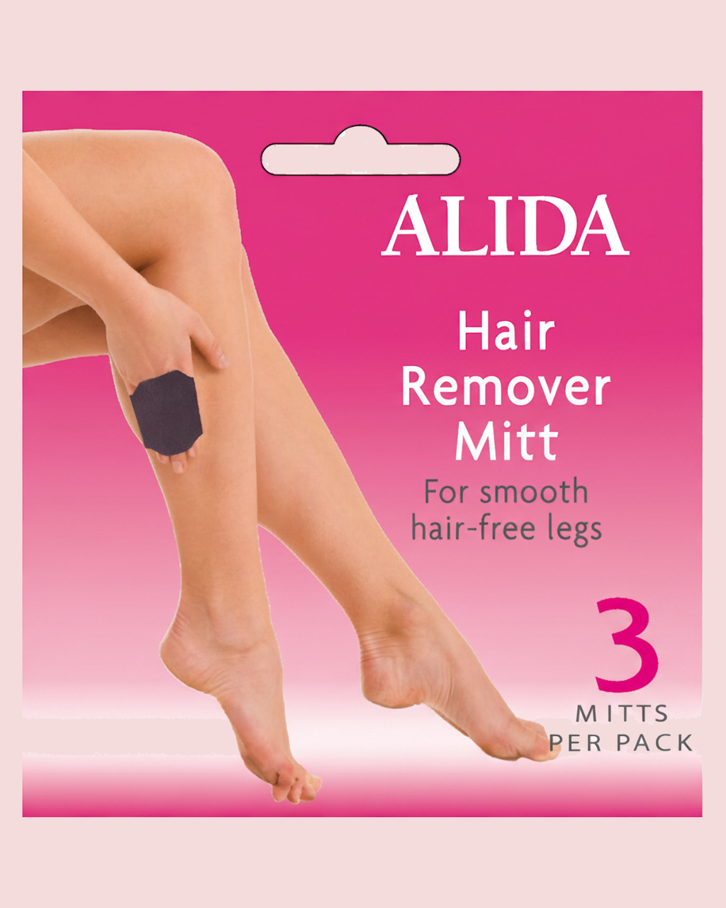 Alida Hair Remover Mitt packaging with a pink background and leg illustration.