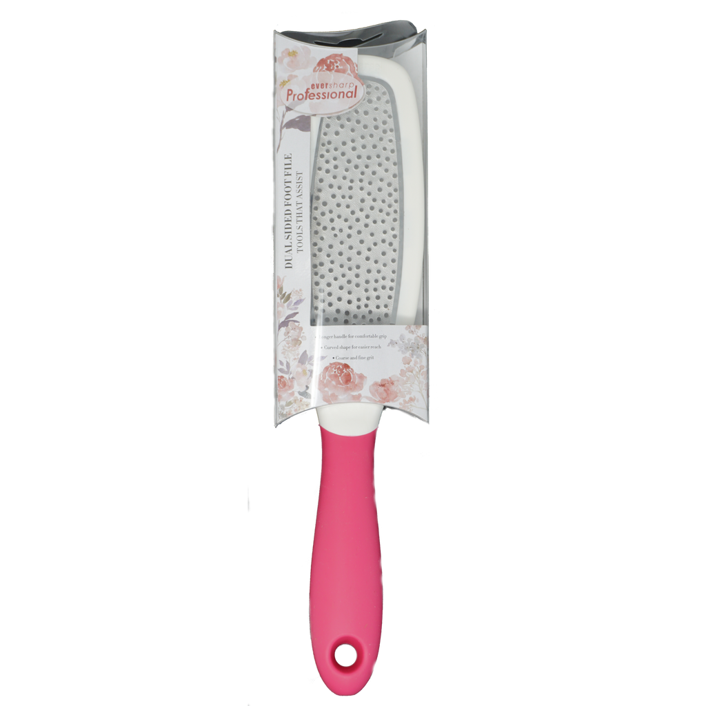 Alida Tools that Assist curved dual-sided foot file in pink with ergonomic handle, designed for easy foot care and smooth results.