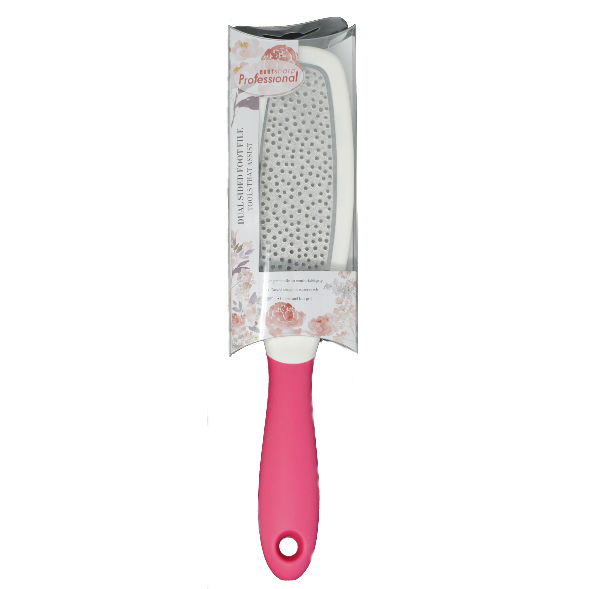Alida Tools that Assist curved dual-sided foot file in pink with ergonomic handle, designed for easy foot care and smooth results.