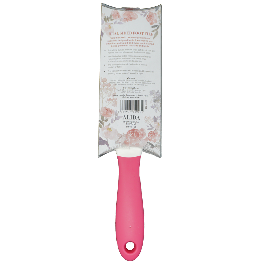 Alida dual sided foot file in pink with ergonomic handle and floral packaging for pedicure care.
