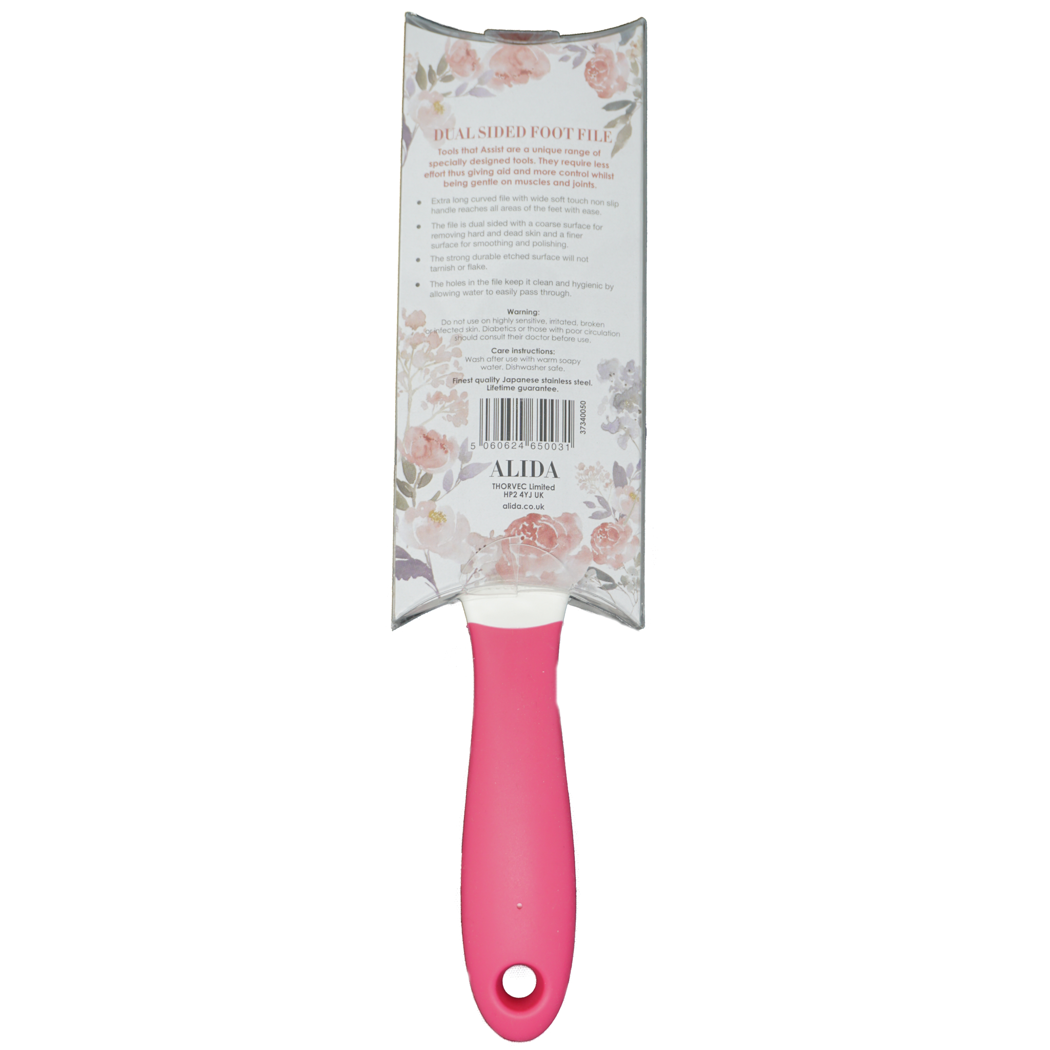 Alida dual sided foot file in pink with ergonomic handle and floral packaging for pedicure care.