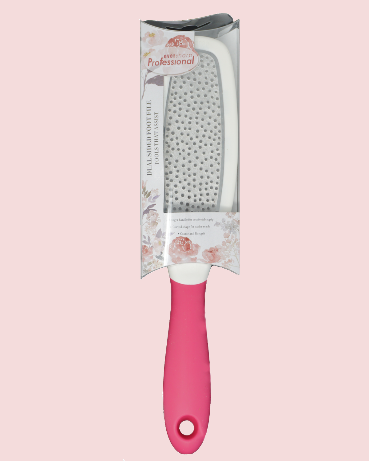 Alida Pink Foot File with floral packaging on a pink background