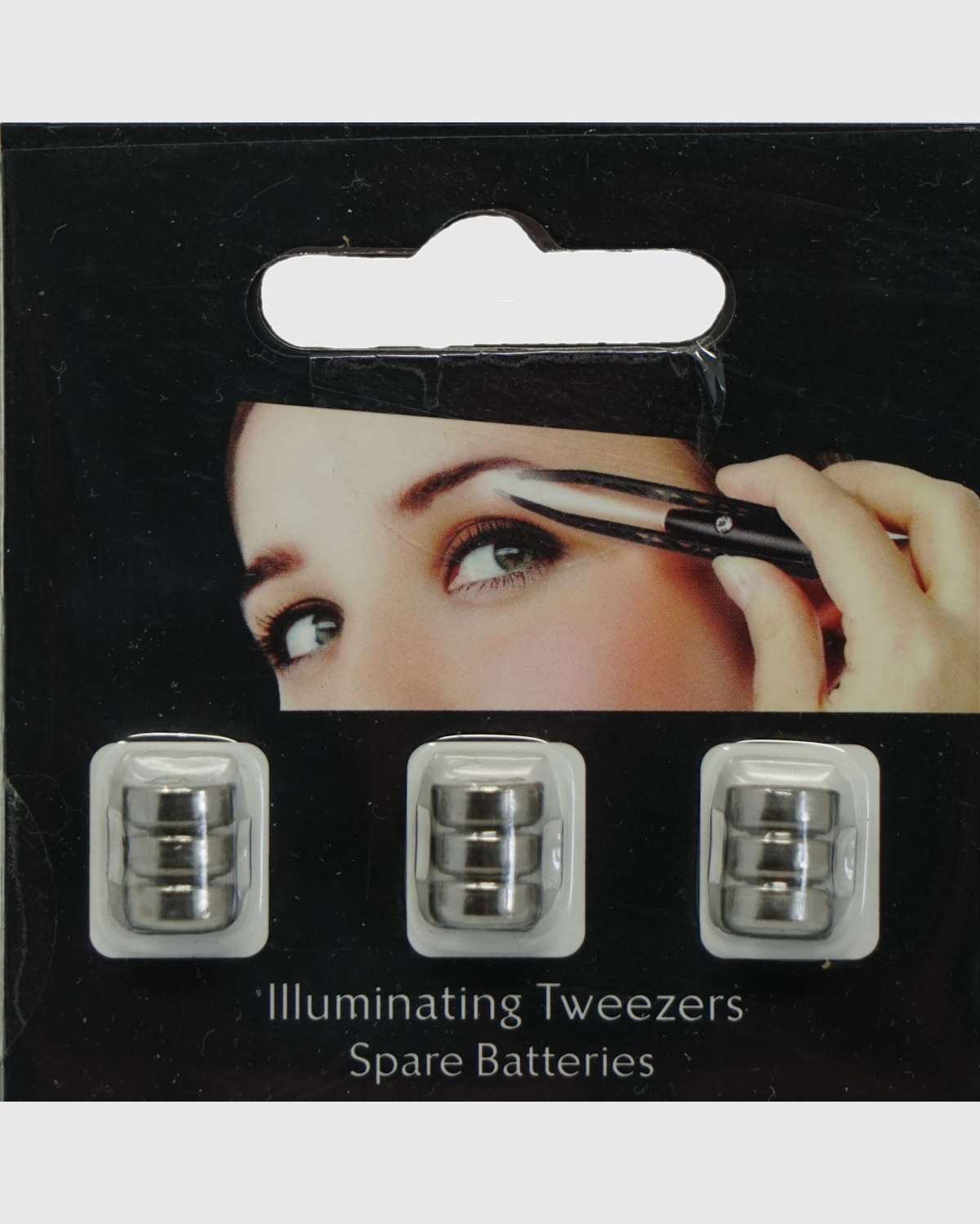 La-tweez 3 Pack Packaging of illuminating tweezers with spare batteries on a black background.