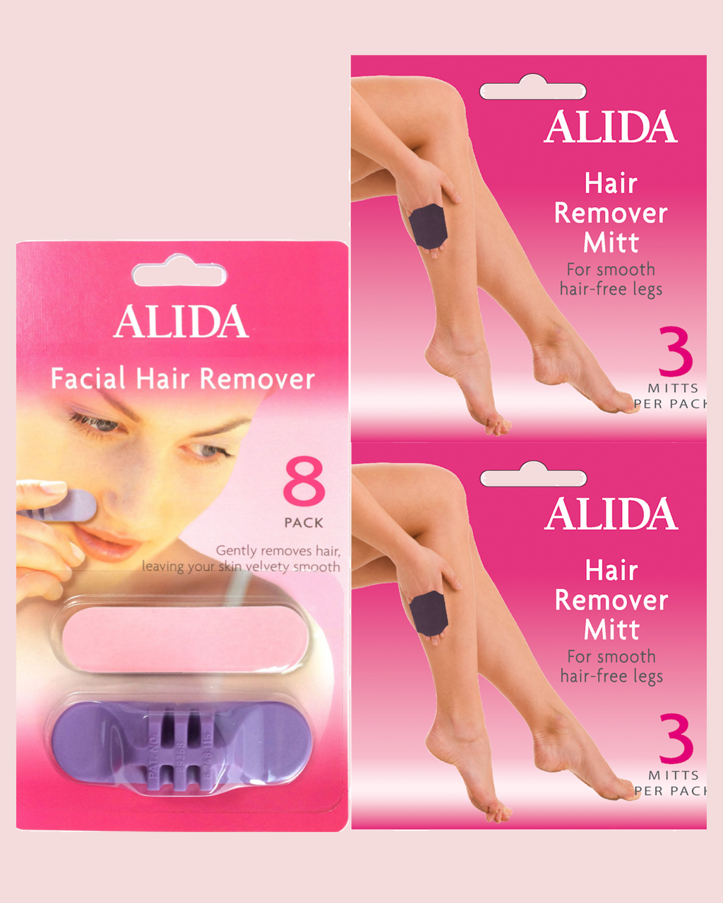 Alida hair removal products including facial and leg hair removers on pink background