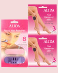 Alida hair removal products including facial and leg hair removers on pink background