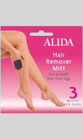 Alida Hair Remover Mitt packaging with a pink background and a foot model.