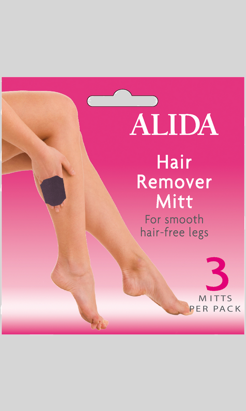 Alida Hair Remover Mitt packaging with a pink background and a foot model.