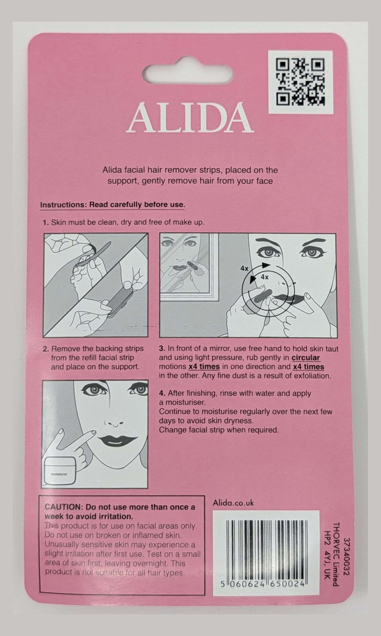 Alida facial hair remover strip packaging with instructions and branding.