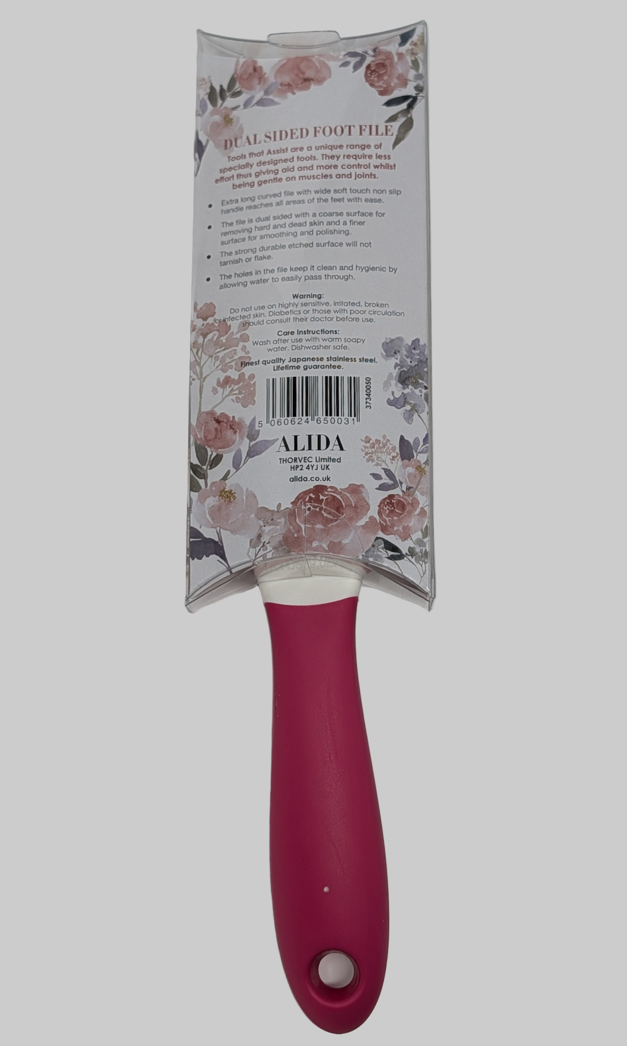 Alida Foot file with floral design packaging on a white background