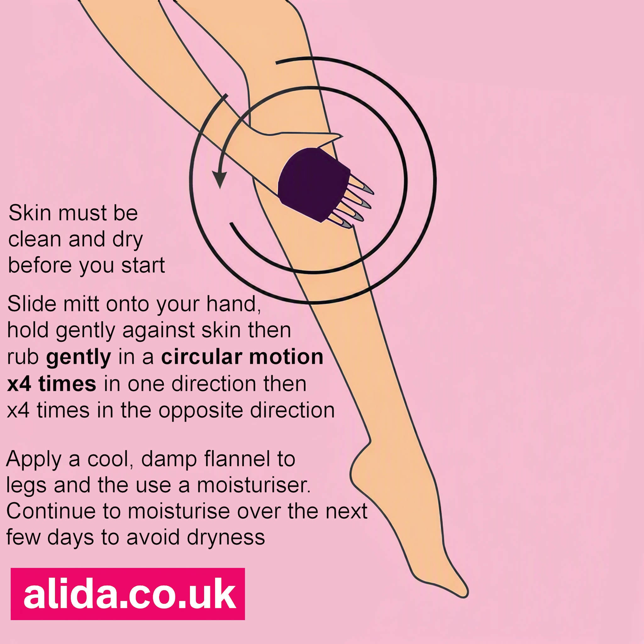ALIDA Hair Remover Mitt lifestyle shot – mitt on leg with pink blush background and product instructions