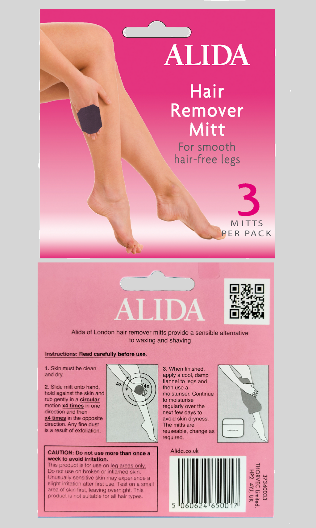 Alida hair remover mitt packaging with a pink background and text.