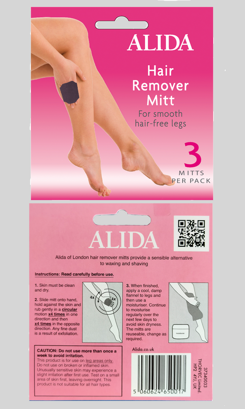 Alida hair remover mitt packaging with a pink background and text.