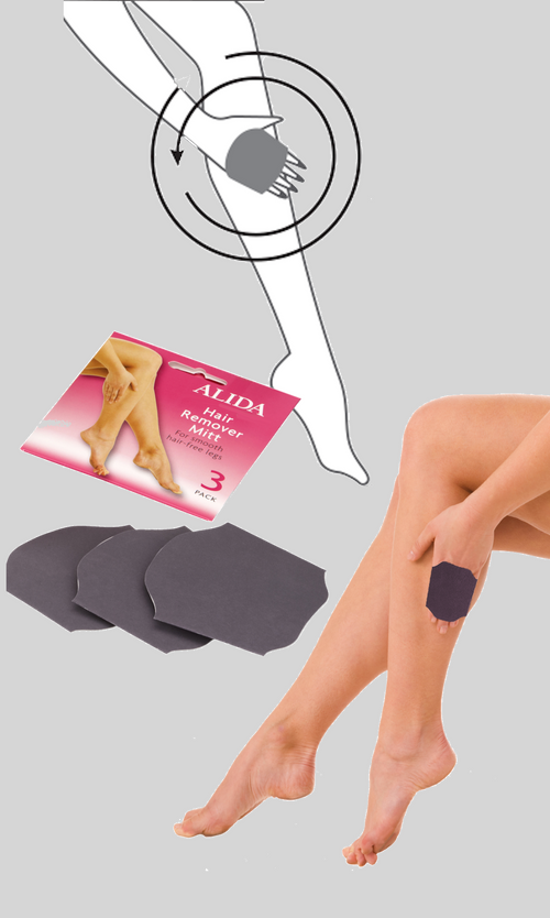 Alida Hair removal product with packaging and application on legs on a gray background