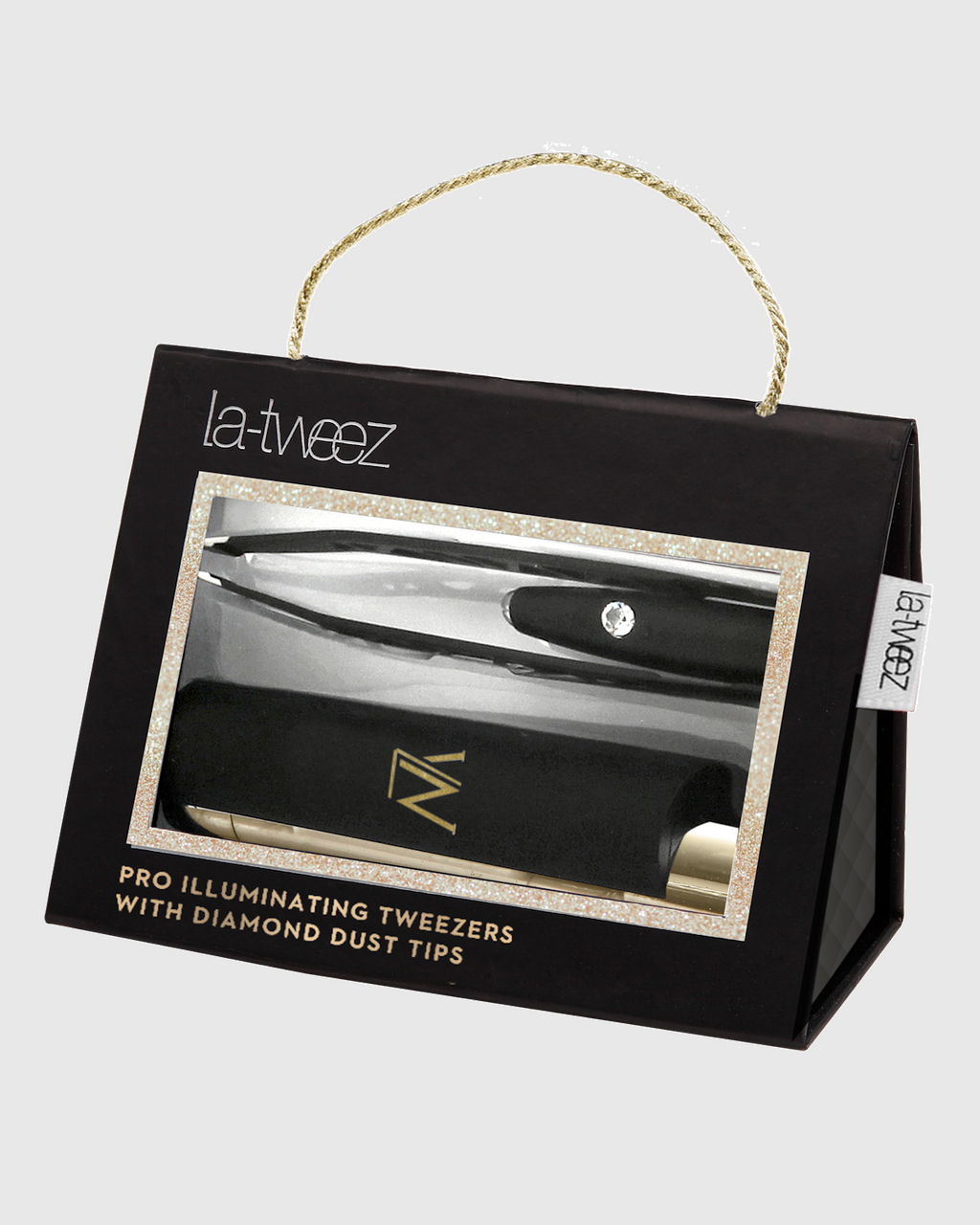 La-Tweez packaging with tweezers inside on a light gray background