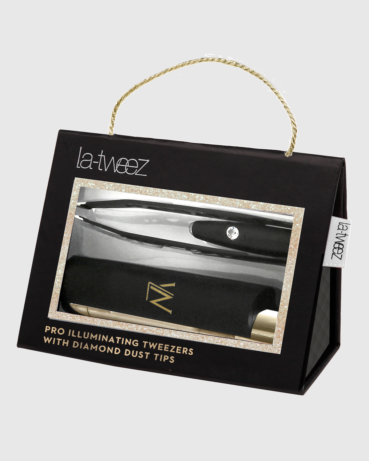La-Tweez packaging with tweezers inside on a light gray background