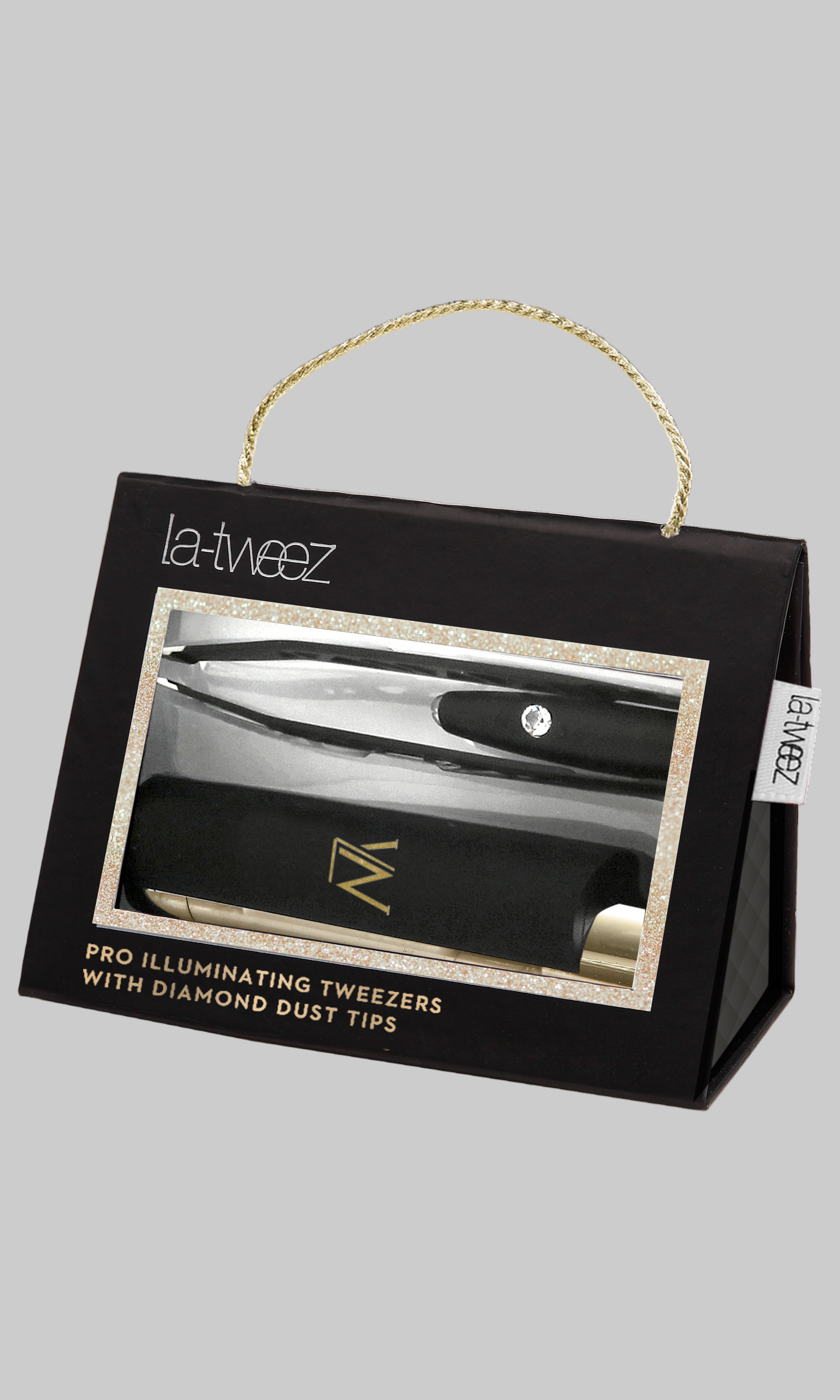 La Tweez pro illuminating tweezers packaging with black box and clear window.