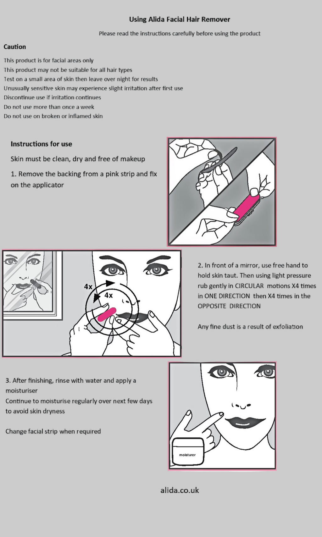 Instructions for using a facial hair remover with illustrations and text.