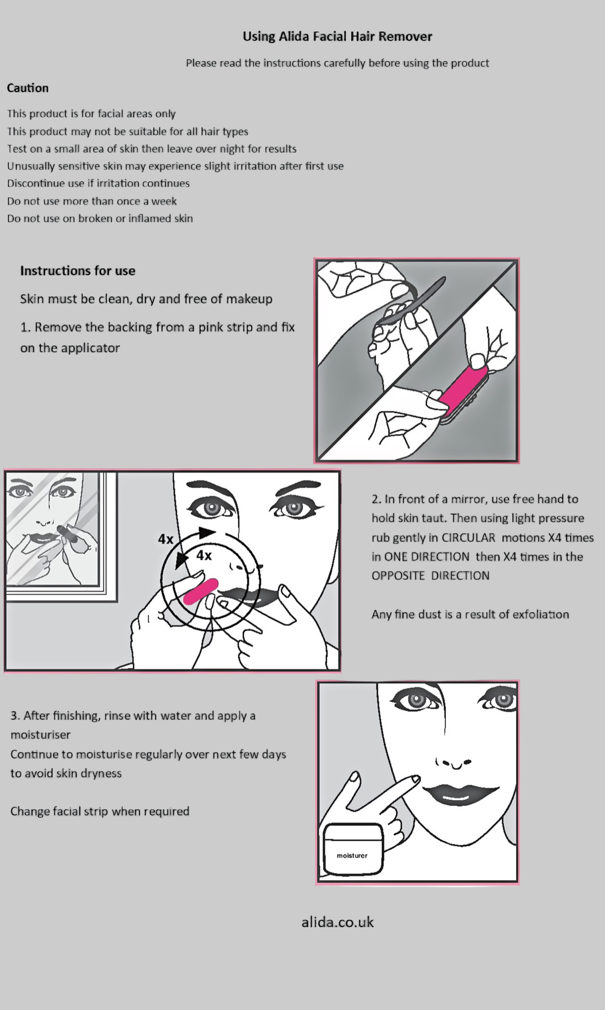 Instructions for using a facial hair remover with illustrations and text.